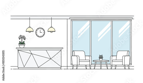 a minimalist sketch depicts a welcoming reception area with a desk two pendant lights a clock and comfortable seating near a large window