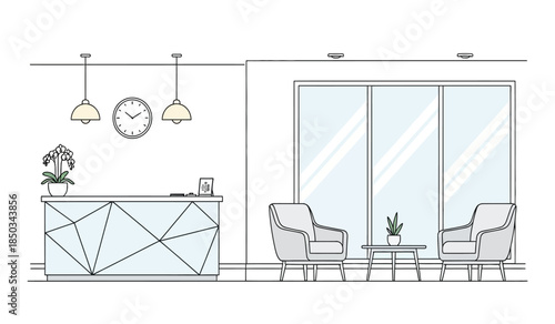 An elegantly designed interior showcases a modern reception desk a wall clock hanging lights and comfortable seating near a large window high quality