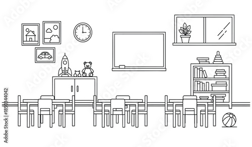 a simple illustration depicts a classroom setting with desks chairs a whiteboard and decorative elements like a clock and plant high quality professional