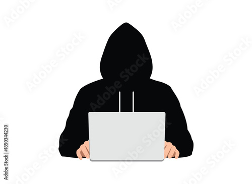 Hacker in hoodie using laptop computer on transparent background anonymous person