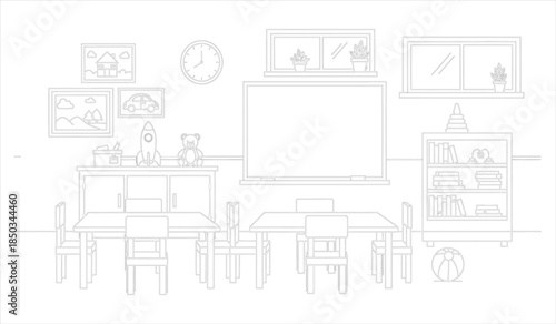 a simple line drawing depicts a classroom setting with desks chairs a whiteboard artwork and various educational objects arranged neatly high quality professional