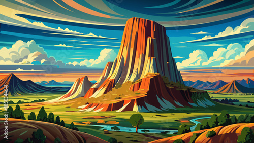 Very beautiful HDR view of Devil’s Tower National Monument in Crook County, Wyoming, emphasizing dramatic rock textures, towering form, and surrounding plains under dynamic skies.