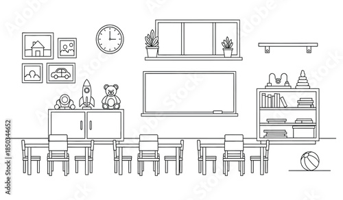a simple line drawing depicts a classroom setting with a whiteboard desks chairs and various decorative elements like toys and plants high quality