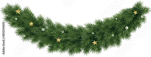 Festive evergreen Christmas garland with sparkling golden stars and white baubles, perfect holiday decoration for seasonal celebrations and winter design elements