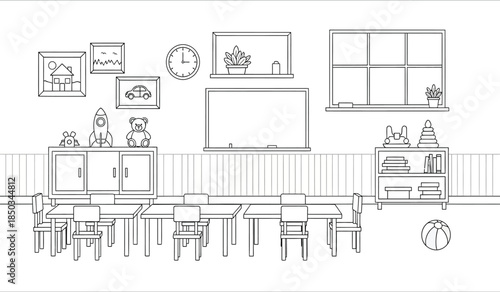 a simple black and white line drawing depicts a classroom scene with desks chairs a whiteboard and various decorative elements on the walls