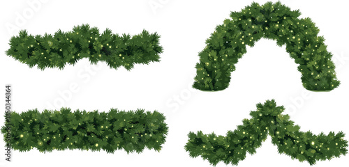 Festive Green Fir Branches Adorned with Red Berries, Gold Ribbons, and Sparkling Lights for a Joyful Christmas Decoration