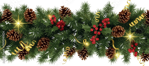 Festive winter garland with lush green pine branches, rustic brown pine cones, and vibrant red berries, lightly dusted with white snow, perfect for holiday season decorations