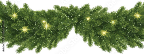 Luminous Festive Evergreen Garland with Sparkling Yellow Lights, Perfect for Holiday Season Decorations, Creating a Joyful and Welcoming Atmosphere on a White Background for Design Projects