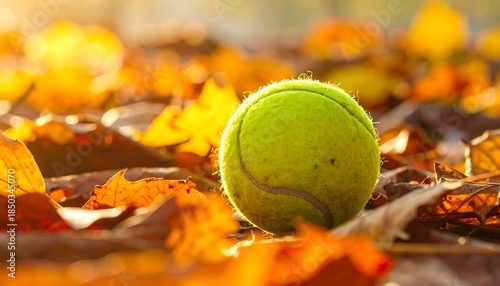 Fuzzy green tennis ball sits among crisp autumn leaves, bathed in warm golden sunlight