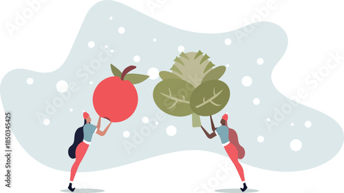 people characters adhere to proper nutrition. Healthy vegetables and fruits are rich in vitamins.life and employment of people.