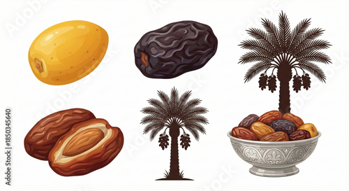 A Collection of Ripe Dates, Whole, Cut in Half, Dried, and in a Silver Bowl, Alongside Palm Tree Silhouettes