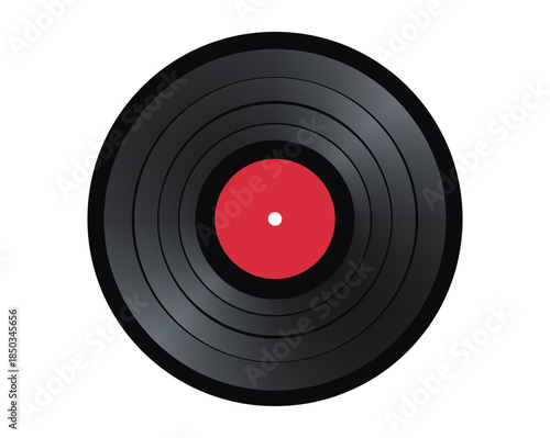 Vinyl record with red label on transparent background vintage music playback