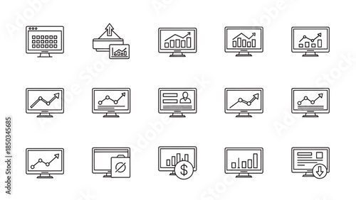 Fifteen outlined icons displaying data trends, file management, and user profile on computer screens, in linear style