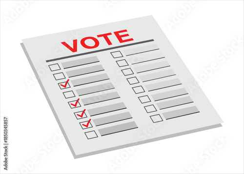 Vote ballot paper with checkboxes and red checkmarks for election choice on transparent background