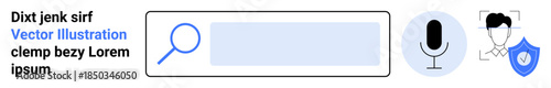 Web navigation, user interface, data security, voice search, privacy, identity verification. Search bar with magnifying glass, microphone facial recognition and shield icon. Data security