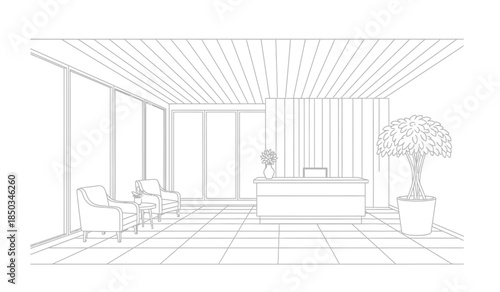 a detailed line drawing depicts an empty reception area with a desk chairs a potted plant and large windows offering a spacious feel