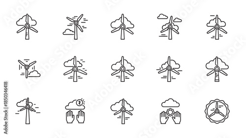 Line art icons depicting wind turbines, clouds, and hands in simplistic designs on a white background