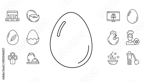 Line art icons feature eggs, a hen, chef, computer and various foods, arranged against a white background