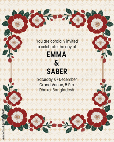Elegant Floral Wedding Invitation Template with Vintage Flower Frame