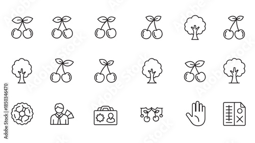 Line art icons featuring cherries, trees, hand, man, and office items arranged in rows on a white background