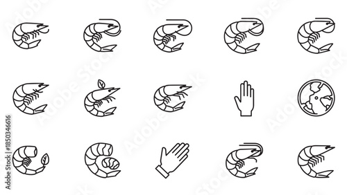 Line art icons. Includes shrimp variations, a hand, a gloved hand, and Earth. White background, uniform stroke