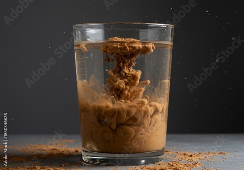 Thick brown clay powder is rapidly dissolving into clear, fresh water in a simple glass container, creating a messy, opaque mixture, mud, clay, mixing