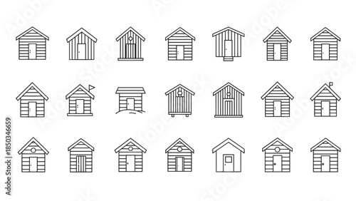 Line art set of varied beach huts, each with gable roofs and simple doors, on an empty white background