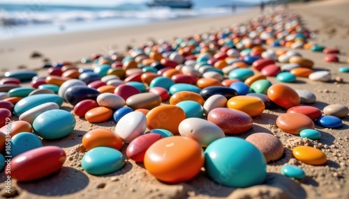 Vibrant smooth stones scattered on a sandy beach along Lake Superior's Michigan shore, Great Lakes, summer