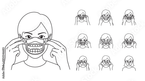Line art showing steps for adjusting a dental dam over face, hands manipulating it. White background