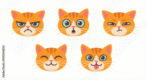 Collection of Cartoon Cat Faces Expressing Various Emotions and Expressions, Ideal for Digital Content and Graphics