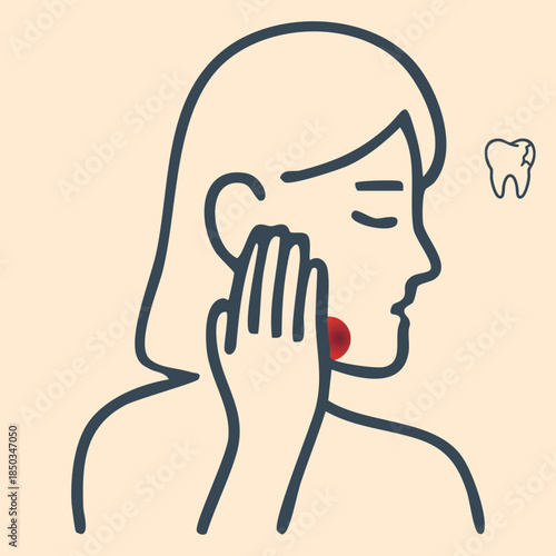 Toothache medical line icon with red pain highlight on beige background