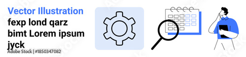 Gear icon, calendar with magnifying glass, individual with clipboard. Ideal for scheduling, management, productivity, workflow, analysis, business office visuals simple landing page