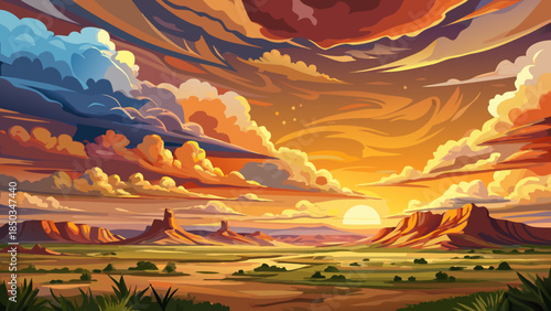 Very beautiful sunset sky over Thunder Basin National Grassland in Wyoming, featuring wide open plains, layered clouds, warm colors, and a peaceful sense of vast western space.