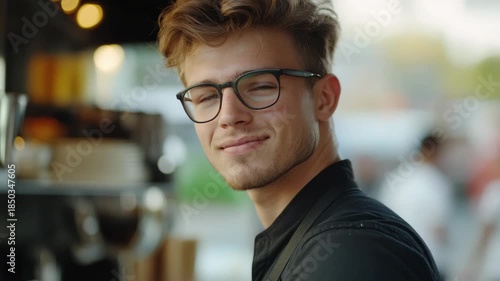 A man in a coffee shop apron smiling at the camera, conveying friendliness and expertise.