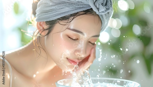 女性が水を使って顔を洗う丁寧な動作を切り取った自然派スキンケア表現