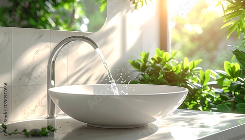 洗面台の蛇口から水が注がれる様子をシンプルに切り取った清潔な室内描写