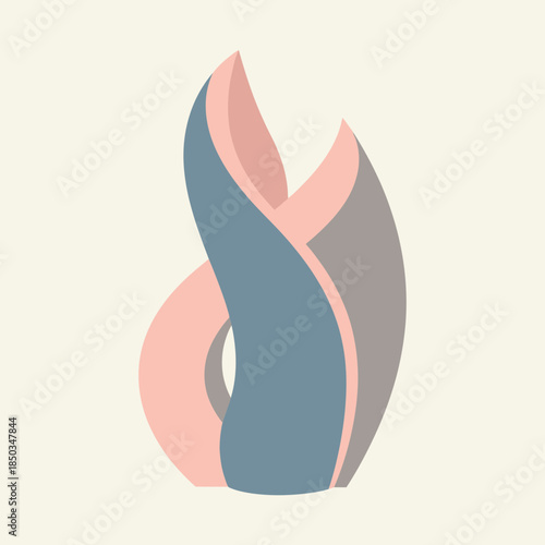 Abstract sculpture with flowing pink, blue, and gray shapes.