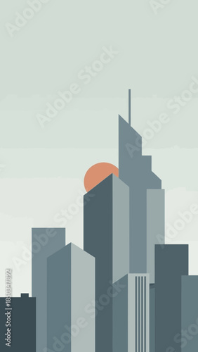 Geometric skyscrapers and a setting sun in a minimalist cityscape.