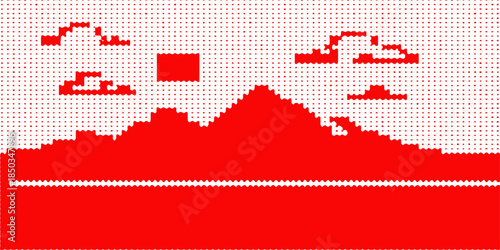 Vector illustration of a world map mosaic with global continents and hearts featuring a knitted wool sweater texture of red flowers and white pixel dots on an earth art wallpaper design