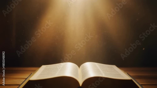 An open holy bible resting on a wooden table in a dark room. Beams of heavenly light shine down on the sacred scripture representing faith, hope, and divine knowledge