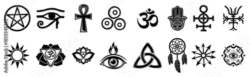 Set of mystical and esoteric spiritual symbols in black and white linocut design
