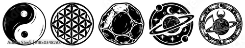 Collection of mystical and esoteric symbols including yin yang and celestial planets in woodcut style