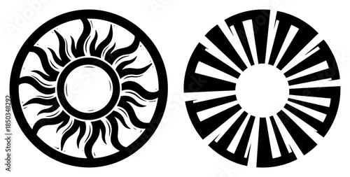 Set of two stylized sun icons with solar rays in black and white vector style
