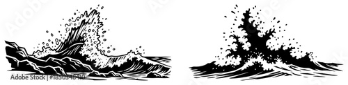 Set of two powerful ocean wave splashes with water spray in black and white hand drawn style