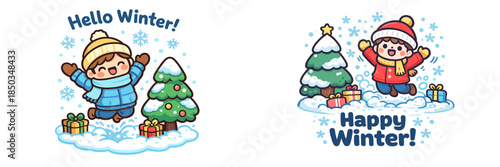 Children enjoying winter activities with snow, trees, and gifts in a cheerful outdoor setting
