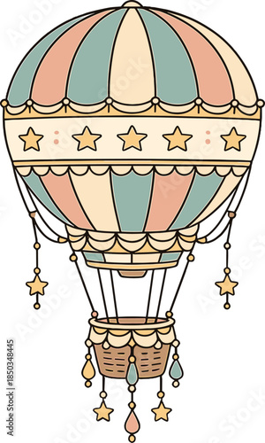 Hot air balloon floats in the sky with colorful stripes and decorative elements