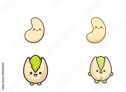 Cute cartoon nuts with smiling faces in a simple design showcasing a variety of cheerful expressions and shapes