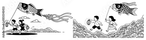 Happy children running with giant carp fish kite in black and white outline style