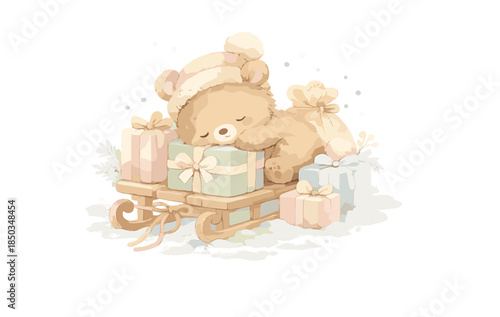 Bear sleeping on sled with gifts in snowy setting during winter season