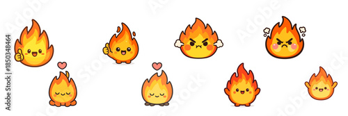 Many small cartoon flames showing different faces and emotions in bright colors